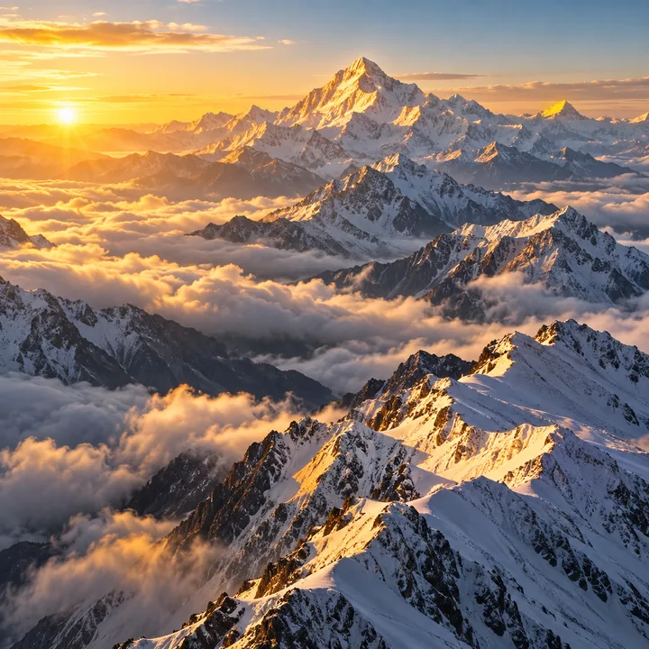AI 生成的雪山日出风光，云海与金色阳光