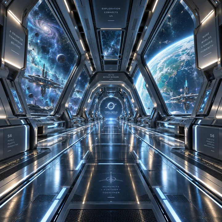 AI 生成的科幻太空站内部走廊概念图